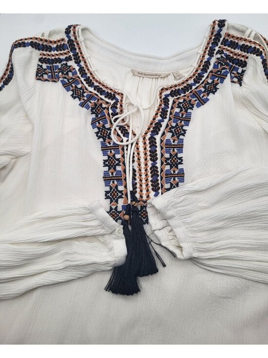 Soft Surroundings Tops - Soft Surroundings Women's M Gauze Embroidered Boho Tassel Blouse Festival